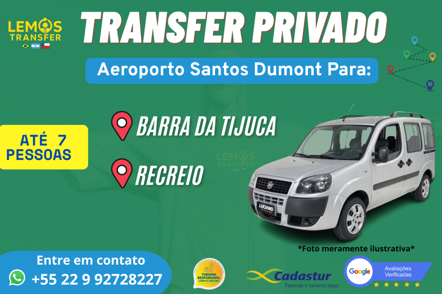 Transfer Privado – Aeroporto Santos Dumont ( SDU) (até 7 pessoas) Desfrute de um transfer exclusivo com conforto e segurança do Aeroporto SDU até  Barra da Tijuca e Recreio dos Bandeirantes . Serviço ideal para até 4 pessoas, com motorista profissional, pontualidade e suporte em tempo real. Reserve agora e comece sua viagem com tranquilidade!