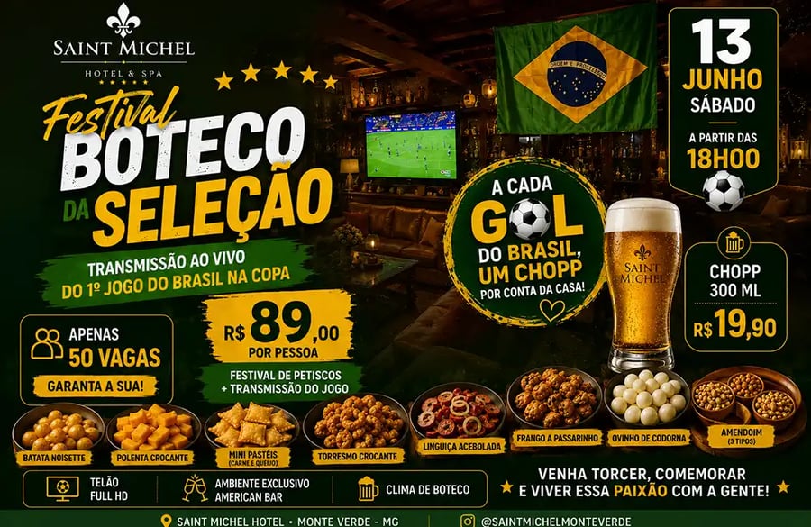 Brasil em campo. Saint Michel na torcida. O primeiro jogo do Brasil na Copa merece mais do que um sofá. Merece o American Bar,  petiscos artesanais e atmosfera única.