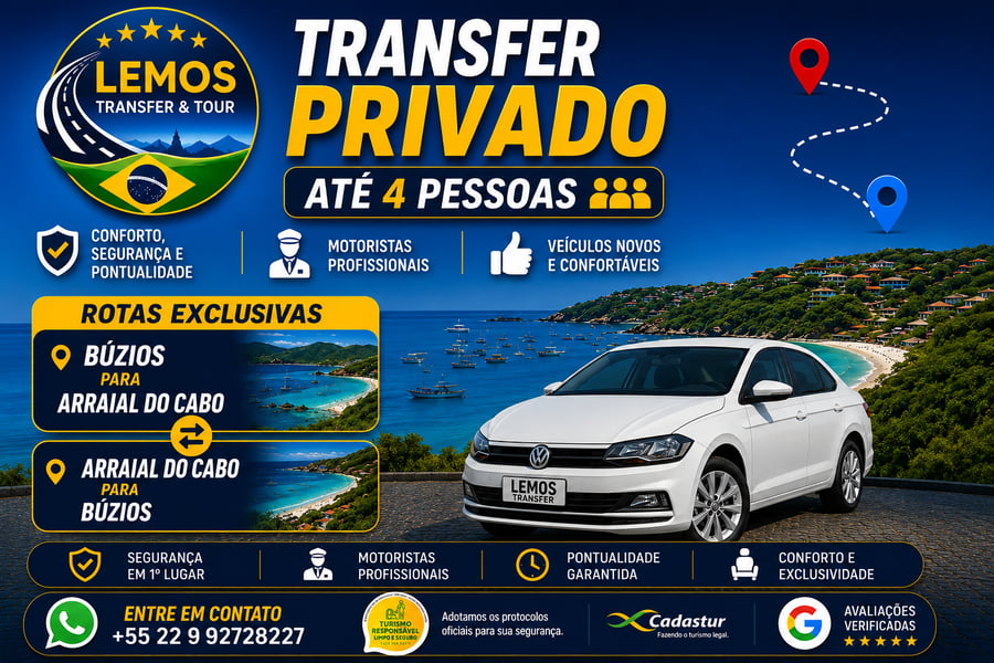 🔹 Transfer Privado Búzios ⇆ Arraial do Cabo  Viaje com conforto, segurança e pontualidade entre dois dos destinos mais paradisíacos da Região dos Lagos.   Nosso serviço de transfer privado é a melhor escolha para quem deseja tranquilidade no trajeto.  👉 Importante: Há dificuldade em conseguir Uber ou aplicativos de transporte operando entre Búzios e Arraial do Cabo, por isso garanta sua reserva antecipada e evite imprevistos.  Com a Lemos Transfer, você conta com veículos confortáveis, motoristas experientes e atendimento exclusivo para transformar sua viagem em parte da experiência em qualquer horário.   📌 Reserve agora e aproveite sua viagem sem preocupações!