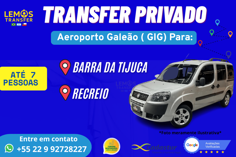 Transfer Privado – Aeroporto Santos Dumont ( SDU) (até 7 pessoas) Desfrute de um transfer exclusivo com conforto e segurança do Aeroporto SDU até  Barra da Tijuca e Recreio dos Bandeirantes . Serviço ideal para até 4 pessoas, com motorista profissional, pontualidade e suporte em tempo real. Reserve agora e comece sua viagem com tranquilidade!