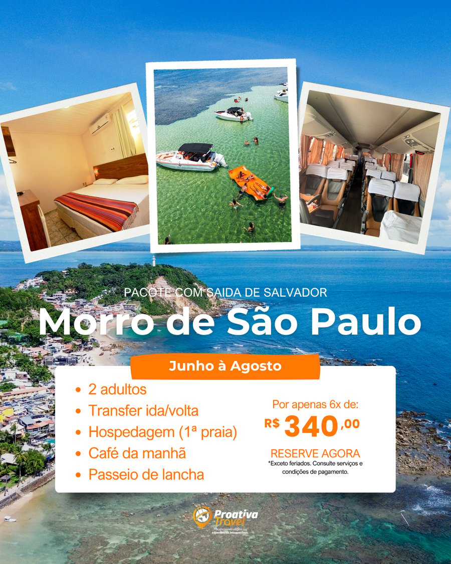 Conheça Morro de São Paulo com um pacote completo pensado para quem deseja viajar com tranquilidade. O combo inclui transfer ida e volta saindo de Salvador, hospedagem com café da manhã e o tradicional passeio Volta à Ilha, reunindo tudo o que você precisa para viver dias inesquecíveis no paraíso.