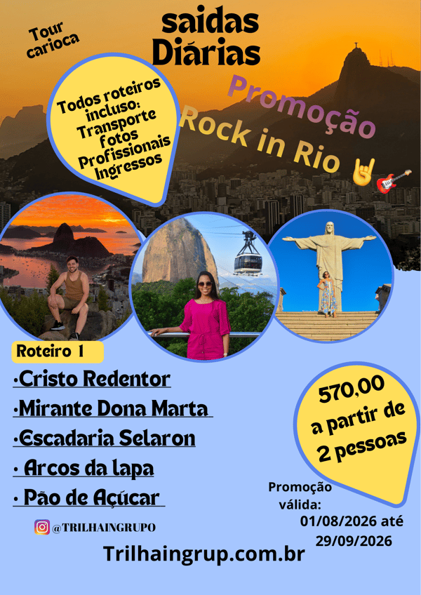 🤘 TOUR CARIOCA-ROTEIRO 1 - CRISTO REDENTOR + MIRANTE DONA MARTA+ESCADARIA SELARON + ARCOS DA LAPA+ PÃO DE AÇUCAR 