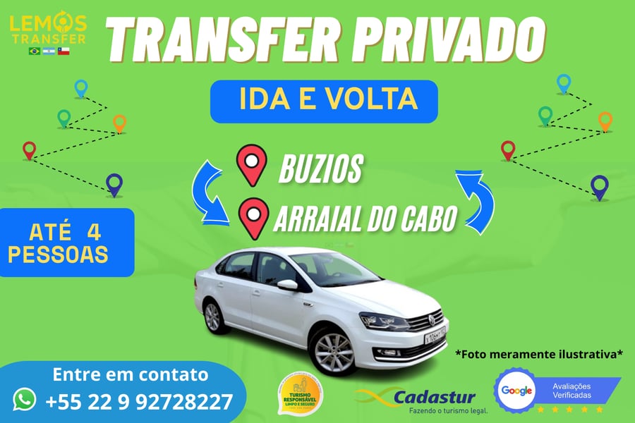 Transfer Privado Búzios ↔ Arraial do Cabo – Ida e Volta  Viaje com total conforto e segurança com nosso transfer privado de ida e volta entre Búzios e Arraial do Cabo. 🚐✨  Ao reservar antecipadamente, você garante praticidade e tranquilidade em ambos os trajetos, sem precisar se preocupar com transporte no retorno.  👉 Importante: há  dificuldade em conseguir Uber ou aplicativos de transporte disponíveis nessas cidades, por isso reservar ida e volta é a forma mais segura e confiável de aproveitar sua viagem sem imprevistos.  ✔️ Carros confortáveis e climatizados ✔️ Motoristas profissionais e experientes ✔️ Exclusividade para seu grupo ✔️ Mais economia reservando ida e volta juntos  Garanta já sua reserva e curta cada momento em Búzios e Arraial do Cabo com a certeza de um transporte seguro e pontual.