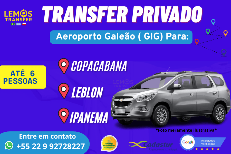 Transfer Privado – Aeroporto Galeão para Zona Sul (até 6 pessoas) Desfrute de um transfer exclusivo com conforto e segurança do Aeroporto do Galeão até Copacabana, Ipanema ou Leblon. Serviço ideal para até 4 pessoas, com motorista profissional, pontualidade e suporte em tempo real. Reserve agora e comece sua viagem com tranquilidade!