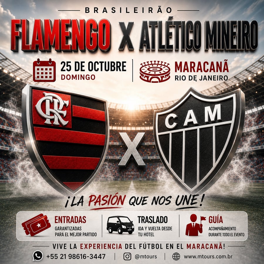 Vive una aventura única en el corazón del fútbol mundial en el emblemático estadio Maracaná, ubicado en la vibrante Río de Janeiro. Conocido como el templo del fútbol, ​​el Maracaná es uno de los estadios más famosos del mundo y ha sido sede de finales inolvidables, hogar de grandes ídolos y momentos que han marcado a generaciones. Más allá de ver un partido, te sumergirás en una emoción indescriptible, rodeado de miles de aficionados y cánticos apasionados, en una atmósfera única que solo Río de Janeiro puede ofrecer.  Con M Tours, tu experiencia en el Maracaná será segura y cómoda. Garantizamos tu entrada, te ofrecemos transporte de ida y vuelta y te recogemos directamente en tu hotel. Nuestro servicio personalizado estará a tu disposición durante toda la experiencia, para que disfrutes al máximo de este evento inolvidable. Déjate envolver por la magia del Maracaná y vive el fútbol como nunca imaginaste.  No te pierdas la oportunidad de ser parte de este espectáculo inolvidable. Reserva tu lugar ahora y pre