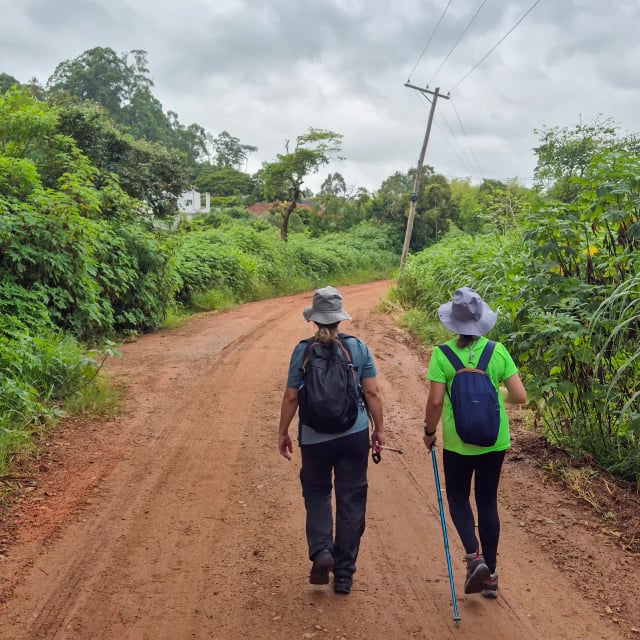 Duas pessoas de chapéu e mochila caminhando por uma estrada de terra cercada de vegetação