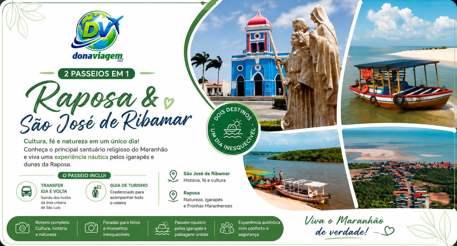 Cultura, fé e natureza em um único passeio  Que tal conhecer dois dos destinos mais encantadores da Grande São Luís em um só dia?  Neste roteiro, você visita São José de Ribamar, um dos maiores centros de peregrinação do Brasil, e segue para a Raposa, famosa por seus igarapés, dunas, artesanato e pelas belíssimas Fronhas Maranhenses.  Uma experiência que reúne história, cultura, religiosidade e paisagens inesquecíveis.