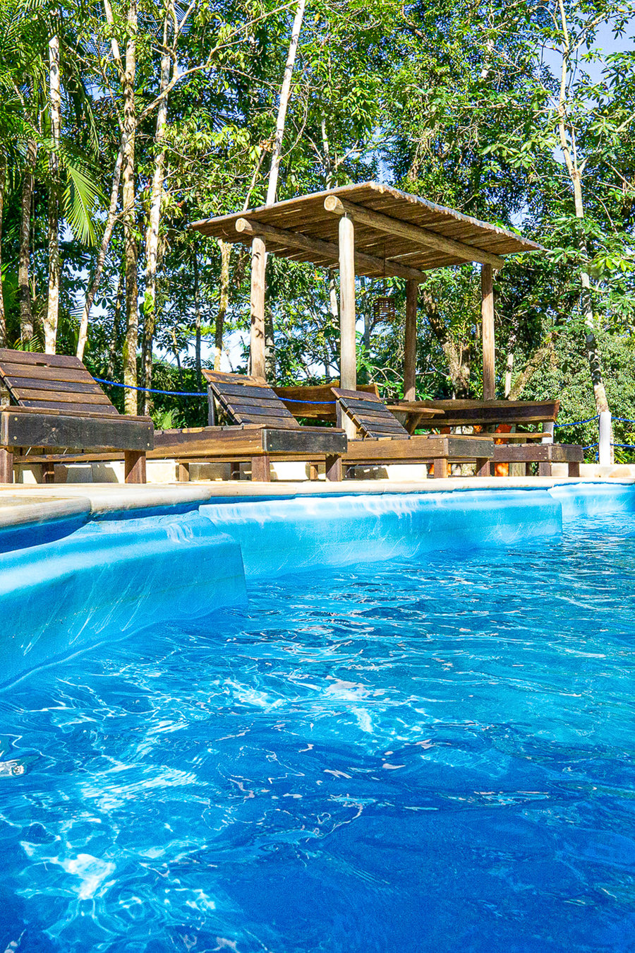 Piscina em meio a floresta, com mesa churrasqueira, espriguiçadeira