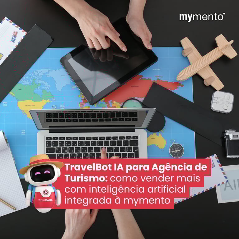 TravelBot IA para agência de turismo integrado ao sistema mymento mostrando atendimento automatizado, consulta de passeios e geração de reservas.