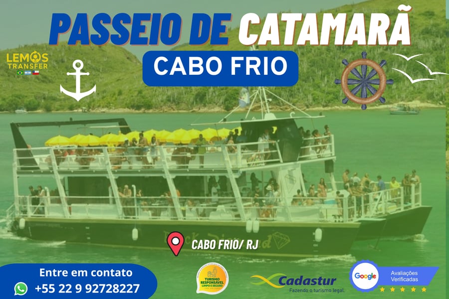 🌊 Passeio de Catamarã em Cabo Frio – Viva o paraíso do mar!  Prepare-se para uma experiência inesquecível pelas águas cristalinas de Cabo Frio ! 🛥️✨  Embarque em um moderno catamarã e descubra as mais belas praias e ilhas da região, com paradas para mergulho e aquele banho revigorante em alto mar. Sinta a brisa no rosto, aprecie vistas de tirar o fôlego e registre momentos que vão ficar para sempre na memória.  💙 Conforto, segurança e diversão garantida para todas as idades!  📍 Saídas diárias | ⏳ Duração aproximada: 3 horas Reserve já o seu lugar e viva Cabo Frio  de um jeito único!   *COMUNICADO REFERENTE A CRIANÇAS, IDOSOS E PCD:*  A partir de hoje iremos pedir o comprovante de idade, RG OU CERTIDÃO DE NASCIMENTO das *CRIANÇAS* (até 10 anos), *IDOSOS*(60+) e *PCD* documentos comprovando sua isenção ou meio pagamento. 