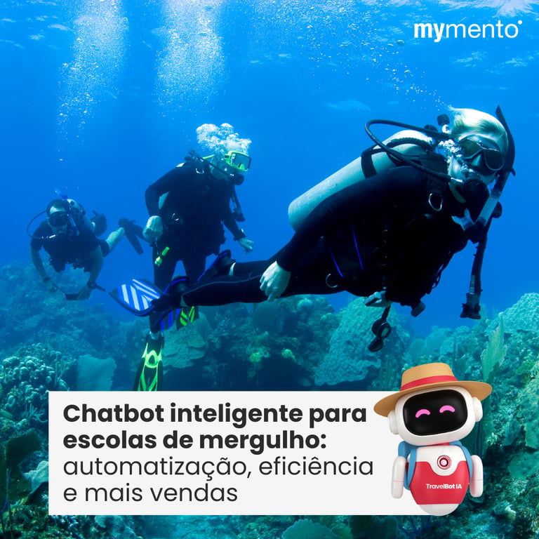 Ilustração de um chatbot inteligente atendendo clientes de uma escola de mergulho, com elementos de oceano, equipamentos de mergulho e interface digital representando automação e reservas online.