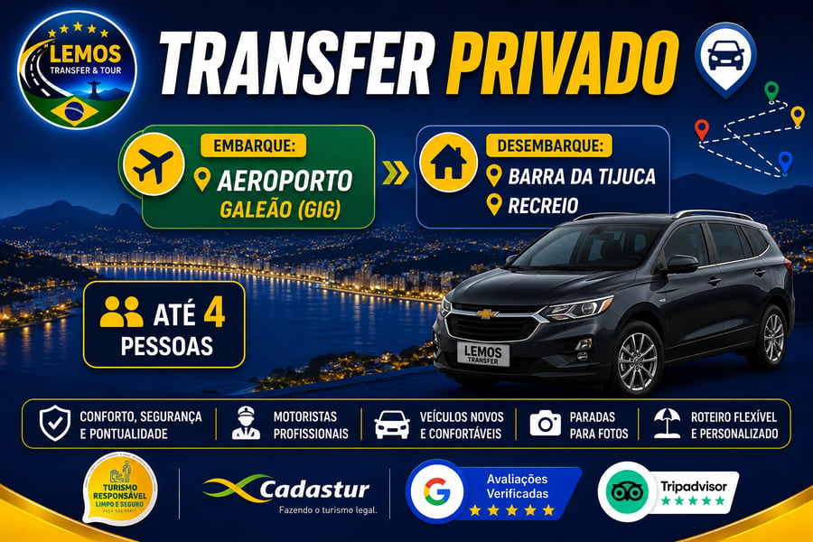 Transfer Privado – Aeroporto Santos Dumont ( SDU) para Zona Sul (até 6 pessoas) Desfrute de um transfer exclusivo com conforto e segurança do Aeroporto do Galeão até  Barra da Tijuca e Recreio dos Bandeirantes . Serviço ideal para até 4 pessoas, com motorista profissional, pontualidade e suporte em tempo real. Reserve agora e comece sua viagem com tranquilidade!