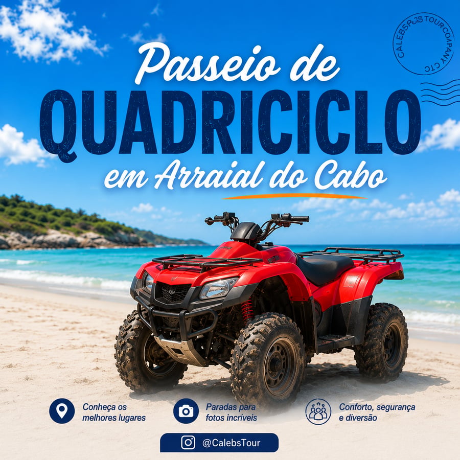 Detalhes do Passeio de Quadriciclo:  Nossas máquinas são de última geração, automáticas e com direção elétrica.  ✅ Requisitos: * Ser habilitado (B) * No MÍNIMO 1 habilitado por quadriciclo. * Maior de 18 anos * Garupa acima de 7 anos * Até duas pessoas por veículo  🕒 Duração: 2 horas e 30 minutos.  📍 Roteiro: * Rebeche * Ruínas da Alcalis * Enseada do Gabriel * Trilha Nova * Pórtico * Deserto da Praia Grande * Praia Grande  🧭 SAÍDAS:   ☆ 08:00h  ☆ 10:30h  ☆ 13:15h  ☆ 15:45h  🚨 Check-in na agência 30 minutos antes do horário da sua saída.