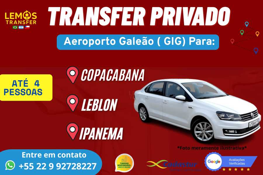 Transfer Privado – Aeroporto Galeão para Zona Sul (até 4 pessoas) Desfrute de um transfer exclusivo com conforto e segurança do Aeroporto do Galeão até Copacabana, Ipanema ou Leblon. Serviço ideal para até 4 pessoas, com motorista profissional, pontualidade e suporte em tempo real. Reserve agora e comece sua viagem com tranquilidade!