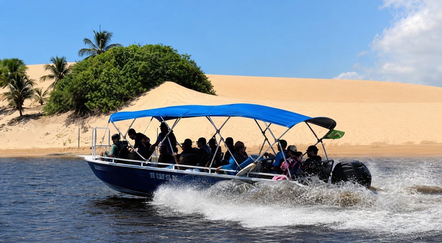 Este é um dos passeios mais clássicos, leves e completos de Barreirinhas, ideal para todas as idades. Ele corre ao longo do Rio Preguiças em direção ao oceano.