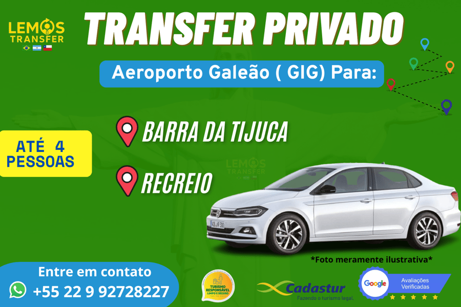 Transfer Privado – Aeroporto Santos Dumont ( SDU) (até 7 pessoas) Desfrute de um transfer exclusivo com conforto e segurança do Aeroporto SDU até  Barra da Tijuca e Recreio dos Bandeirantes . Serviço ideal para até 4 pessoas, com motorista profissional, pontualidade e suporte em tempo real. Reserve agora e comece sua viagem com tranquilidade!