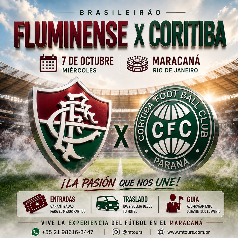 Vive una aventura única en el corazón del fútbol mundial en el emblemático estadio Maracaná, ubicado en la vibrante Río de Janeiro. Conocido como el templo del fútbol, ​​el Maracaná es uno de los estadios más famosos del mundo y ha sido sede de finales inolvidables, hogar de grandes ídolos y momentos que han marcado a generaciones. Más allá de ver un partido, te sumergirás en una emoción indescriptible, rodeado de miles de aficionados y cánticos apasionados, en una atmósfera única que solo Río de Janeiro puede ofrecer.  Con M Tours, tu experiencia en el Maracaná será segura y cómoda. Garantizamos tu entrada, te ofrecemos transporte de ida y vuelta y te recogemos directamente en tu hotel. Nuestro servicio personalizado estará a tu disposición durante toda la experiencia, para que disfrutes al máximo de este evento inolvidable. Déjate envolver por la magia del Maracaná y vive el fútbol como nunca imaginaste.  No te pierdas la oportunidad de ser parte de este espectáculo inolvidable. Reserva tu lugar ahora y pre