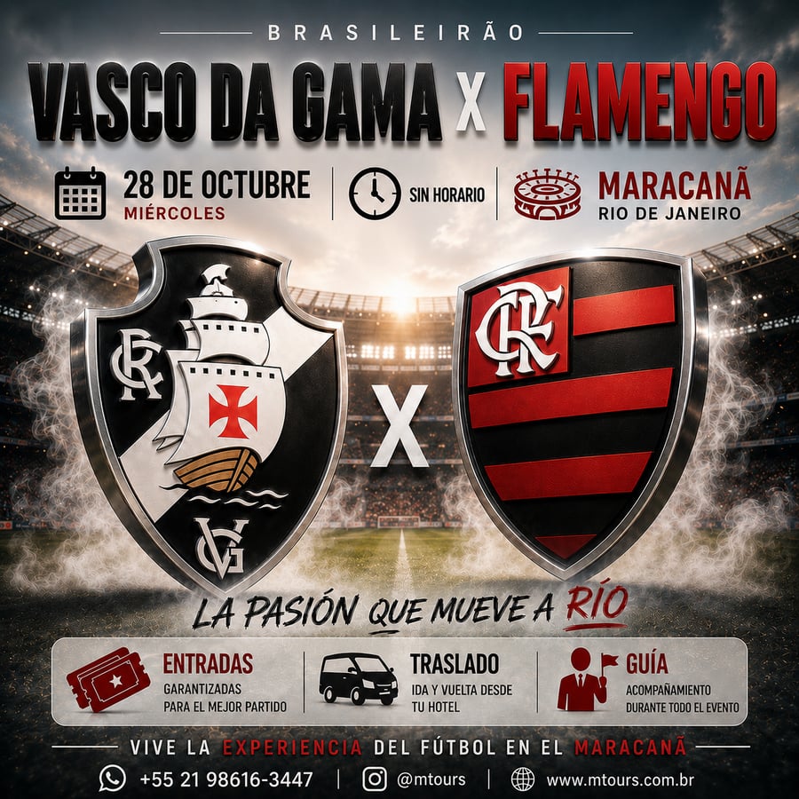 Vive una aventura única en el corazón del fútbol mundial en el emblemático estadio Maracaná, ubicado en la vibrante Río de Janeiro. Conocido como el templo del fútbol, ​​el Maracaná es uno de los estadios más famosos del mundo y ha sido sede de finales inolvidables, hogar de grandes ídolos y momentos que han marcado a generaciones. Más allá de ver un partido, te sumergirás en una emoción indescriptible, rodeado de miles de aficionados y cánticos apasionados, en una atmósfera única que solo Río de Janeiro puede ofrecer.  Con M Tours, tu experiencia en el Maracaná será segura y cómoda. Garantizamos tu entrada, te ofrecemos transporte de ida y vuelta y te recogemos directamente en tu hotel. Nuestro servicio personalizado estará a tu disposición durante toda la experiencia, para que disfrutes al máximo de este evento inolvidable. Déjate envolver por la magia del Maracaná y vive el fútbol como nunca imaginaste.  No te pierdas la oportunidad de ser parte de este espectáculo inolvidable. Reserva tu lugar ahora y pre