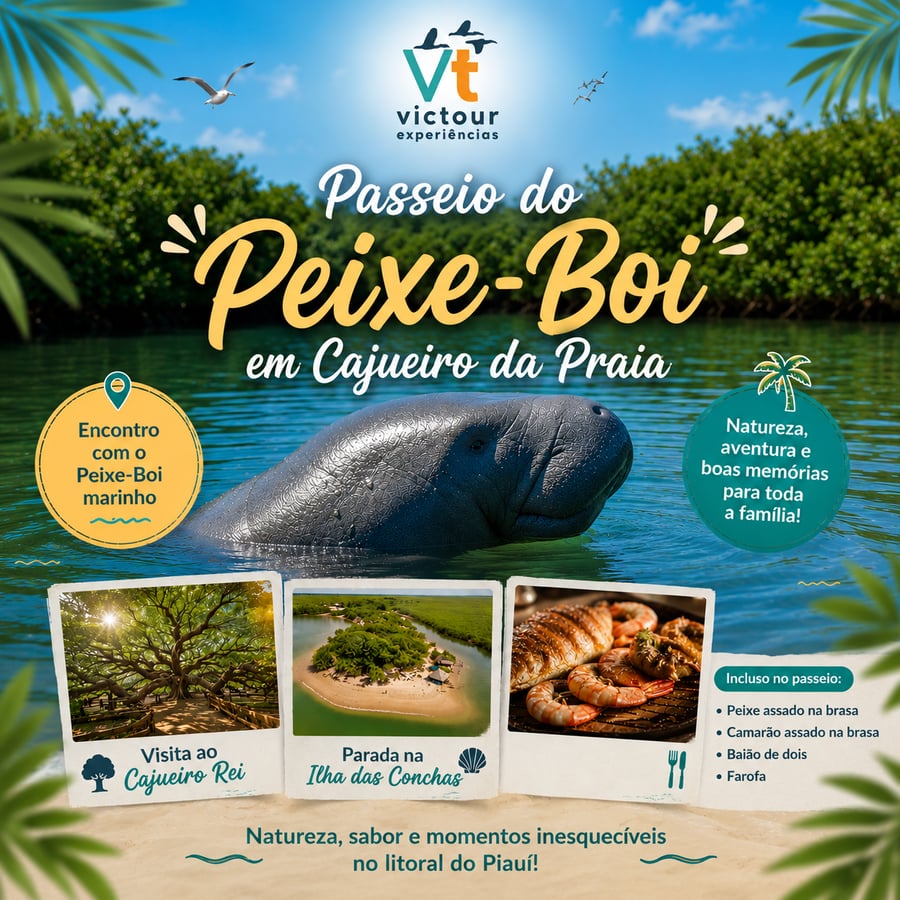 Uma experiência incrível para conhecer de perto o peixe-boi marinho e algumas das belezas mais famosas de Cajueiro da Praia, no litoral do Piauí.  O passeio inicia com visita ao famoso Cajueiro Rei, conhecido como o maior cajueiro do mundo, uma parada perfeita para fotos e contemplação dessa impressionante atração natural. 🌳✨  Em seguida, saímos do Porto da Lama, em Cajueiro da Praia, navegando em uma lancha pelos igarapés e manguezais da região até a área de observação do peixe-boi. Um momento especial para contemplar esse animal encantador em seu habitat natural. 💚🐟  ⏰ Horário aproximado: * Saída: 09h00 * Retorno: 14h00 aproximadamente * Transfer do hotel até a Cajueiro da Praia 🏝️ Durante o passeio também fazemos parada na belíssima Ilha das Conchas, um lugar perfeito para relaxar e aproveitar a paisagem paradisíaca.  🍤🐟 Incluso no passeio:  Peixe assado na brasa, Camarão assado na brasa, Baião de dois, Farofa.  Tudo preparado na hora, em uma experiência simples, regional e muito saborosa.