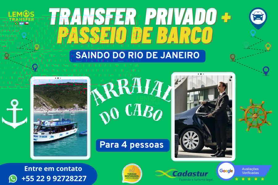 🚗Transfer Privado + Passeio de Barco em Arraial do Cabo – Saída do Rio de Janeiro com saída de : Copacabana, Ipanema , Leblon , Leme, Glória, Botafogo, Flamengo e Centro (Ida e Volta) 🌴  Transforme seu dia em uma experiência inesquecível com nosso pacote completo: transporte privativo de Búzios até Arraial do Cabo (ida e volta) + um incrível passeio de barco pelas águas cristalinas da “Caribe Brasileira”.