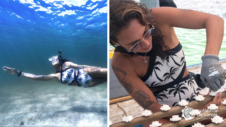 Bioturista mergulhando e cultivando corais em Porto de Galinhas