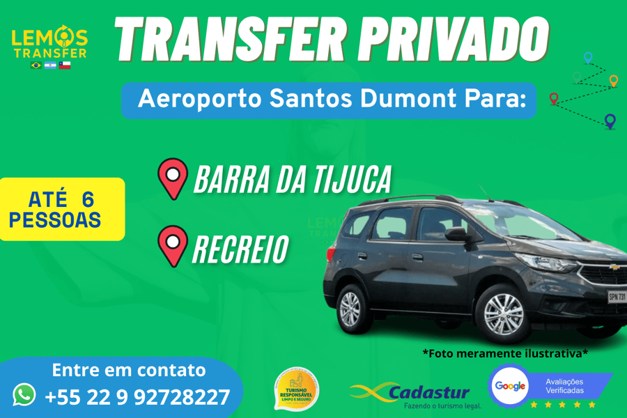 Transfer Privado – Aeroporto Santos Dumont ( SDU) para Zona Sul (até 6 pessoas) Desfrute de um transfer exclusivo com conforto e segurança do Aeroporto do Galeão até  Barra da Tijuca e Recreio dos Bandeirantes . Serviço ideal para até 4 pessoas, com motorista profissional, pontualidade e suporte em tempo real. Reserve agora e comece sua viagem com tranquilidade!
