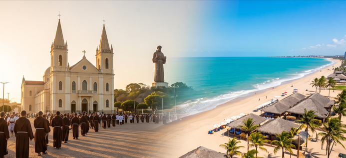 Do lado esquerdo, sob uma luz dourada e suave de manhã, vê-se a Basílica de São Francisco das Chagas em Canindé, com a imponente estátua ao longe e fiéis caminhando. Do lado direito, com um sol brilhante e céu azul, a orla de Fortaleza, com coqueiros e o mar verde-azulado na Praia do Futuro.