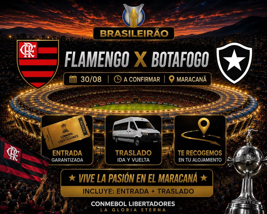 Vive una aventura única en el corazón del fútbol mundial en el emblemático estadio Maracaná, ubicado en la vibrante Río de Janeiro. Conocido como el templo del fútbol, ​​el Maracaná es uno de los estadios más famosos del mundo y ha sido sede de finales inolvidables, hogar de grandes ídolos y momentos que han marcado a generaciones. Más allá de ver un partido, te sumergirás en una emoción indescriptible, rodeado de miles de aficionados y cánticos apasionados, en una atmósfera única que solo Río de Janeiro puede ofrecer.  Con M Tours, tu experiencia en el Maracaná será segura y cómoda. Garantizamos tu entrada, te ofrecemos transporte de ida y vuelta y te recogemos directamente en tu hotel. Nuestro servicio personalizado estará a tu disposición durante toda la experiencia, para que disfrutes al máximo de este evento inolvidable. Déjate envolver por la magia del Maracaná y vive el fútbol como nunca imaginaste.  No te pierdas la oportunidad de ser parte de este espectáculo inolvidable. Reserva tu lugar ahora y pre