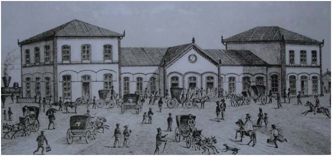 Antigo prédio da Estação da Companhia Paulista - Desenho do Almanak 1873 (Acervo MIS-Campinas)