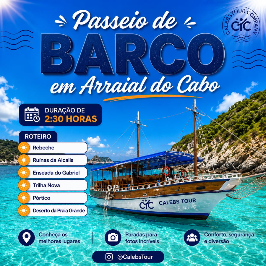🛟 *Passeio de barco em Arraial do Cabo OPEN BAR E OPEN FOOD!*  5 HORAS DE PASSEIO!  ✅*LIBERADO:*  🍸 *Caipirinha* 💧 *Água* 🥃 *Refrigerante* 🍹 *Suco de frutas* 🍷 *Vodka com Energético* 🍉 *Frutas* 🍖 *Churrasco*  🛳️ *ROTEIRO: (pode sofre alterações mediante às condições climáticas)*  🔷 Praia do Forno ( Parada para mergulho livre de 45 min. ) 🔷 Enseada do Guriri ( Parada para mergulho livre de 45min. ) 🔷 Ilha do Farol ( Parada para desembarque de 30min. ) 🔷 Fenda de Nossa Senhora ( Panorâmico ) 🔷 Perfil do Macaco ( Panorâmico ) 🔷 Gruta Azul ( Panorâmico )	 🔷 Buraco do Meteorito ( Panorâmico) 🔷 Pontal do Atalaia e Gruta do Amor ( Parada para desembarque de 1 hora )  💠 Estrutura:  ⭐ Serviço de Bordo Com Cortesias ⭐ Banheiro		 ⭐ Wi-Fi ⭐ Escorregador ⭐ Espreguiçadeira ⭐ Balanço Cenográfico