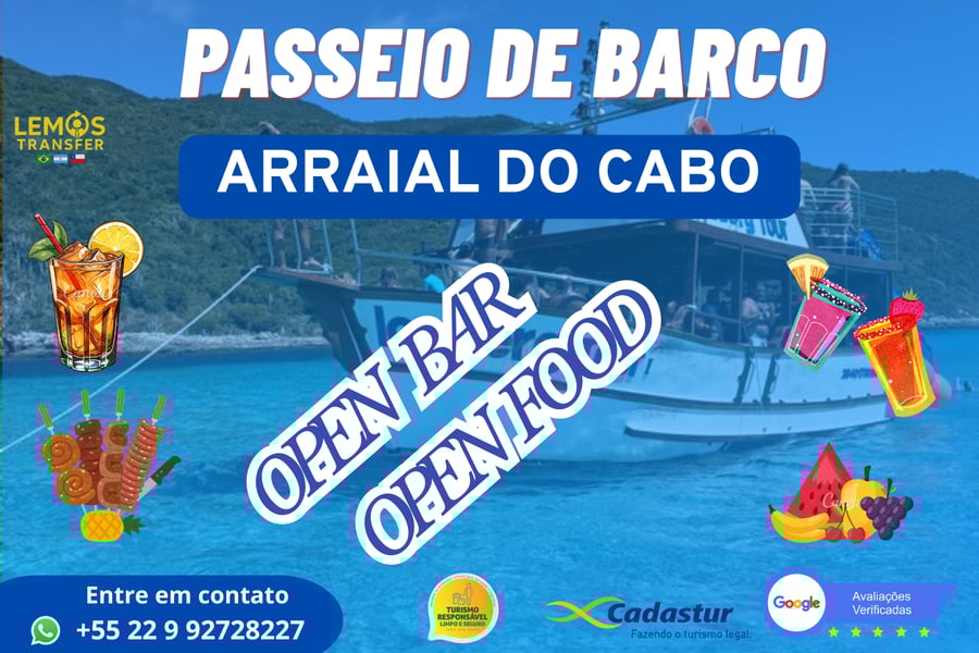 🌴☀️ VOCÊ NUNCA VIU UM PASSEIO DE BARCO COMO ESSE!  🚨 Exclusivo em Arraial do Cabo 🚨 ⠀ 🍹 O barco do OPEN BAR & OPEN FOOD que vai mudar o jeito que você vive o paraíso! ⠀ 🎉 Aqui o mar encontra a festa, e a paisagem encontra o sabor!   ⠀