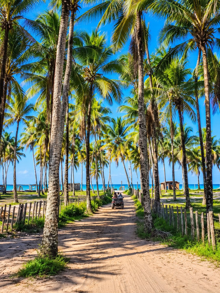 Percurso entre coqueirais durante o passeio de UTV em Boipeba, seguindo por diferentes regiões e praias da ilha.