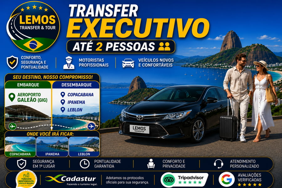 Transfer Executivo – Aeroporto Galeão para Zona Sul-Copacabana,Ipanema e Leblon(até 2 pessoas) Desfrute de um transfer exclusivo com conforto e segurança do Aeroporto do Galeão até  a zona sul do Rio de Janeiro 