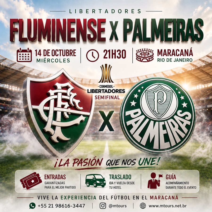 Vive una aventura única en el corazón del fútbol mundial en el emblemático estadio Maracaná, ubicado en la vibrante Río de Janeiro. Conocido como el templo del fútbol, ​​el Maracaná es uno de los estadios más famosos del mundo y ha sido sede de finales inolvidables, hogar de grandes ídolos y momentos que han marcado a generaciones. Más allá de ver un partido, te sumergirás en una emoción indescriptible, rodeado de miles de aficionados y cánticos apasionados, en una atmósfera única que solo Río de Janeiro puede ofrecer.  Con M Tours, tu experiencia en el Maracaná será segura y cómoda. Garantizamos tu entrada, te ofrecemos transporte de ida y vuelta y te recogemos directamente en tu hotel. Nuestro servicio personalizado estará a tu disposición durante toda la experiencia, para que disfrutes al máximo de este evento inolvidable. Déjate envolver por la magia del Maracaná y vive el fútbol como nunca imaginaste.  No te pierdas la oportunidad de ser parte de este espectáculo inolvidable. Reserva tu lugar ahora y pre