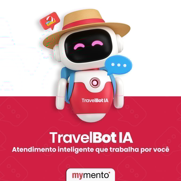 Ilustração do TravelBot IA da mymento, o chatbot inteligente que automatiza o atendimento e reservas em empresas de passeios turísticos.