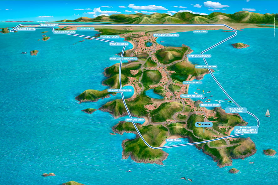 Ilustração do roteiro de helicóptero em Arraial do Cabo, destacando o Pontal do Atalaia, Praia do Farol e Ilha do Farol. Reserve online com sinal de 10%!