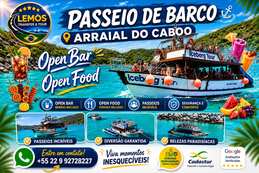 🌴☀️ VOCÊ NUNCA VIU UM PASSEIO DE BARCO COMO ESSE!  🚨 Exclusivo em Arraial do Cabo 🚨 ⠀ 🍹 O barco do OPEN BAR & OPEN FOOD que vai mudar o jeito que você vive o paraíso! ⠀ 🎉 Aqui o mar encontra a festa, e a paisagem encontra o sabor!   ⠀