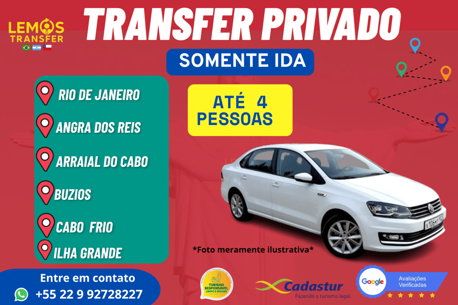 "Transfer privado com segurança e conforto para até 2 pessoas entre Rio de Janeiro e destinos paradisíacos como Ilha Grande, Angra, Búzios, Arraial ou Cabo Frio." Ou um dessas cidades com destino ao Rio de Janeiro. 