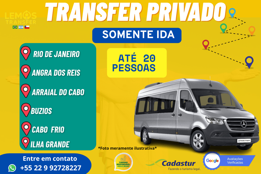 "Transfer privado com segurança e conforto para até 20 pessoas entre Rio de Janeiro e destinos paradisíacos como Ilha Grande, Angra, Búzios, Arraial ou Cabo Frio." Ou um dessas cidades com destino ao Rio de Janeiro. 