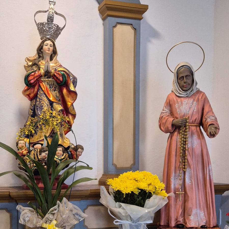 Imagens de Nossa Senhora e Nhá Chica em altar branco, com flores amarelas no primeiro plano