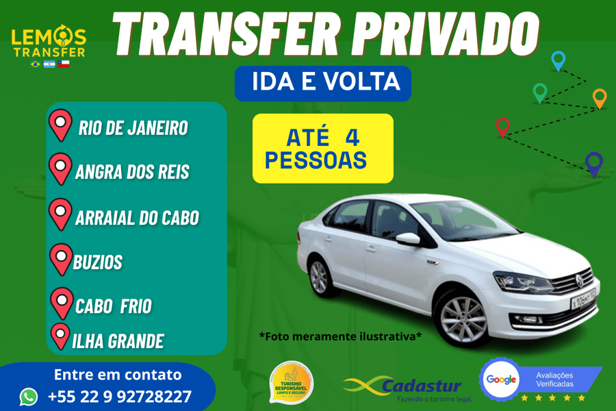 "Transfer privado com segurança e conforto para até 2 pessoas entre Rio de Janeiro e destinos paradisíacos como Ilha Grande, Angra, Búzios, Arraial ou Cabo Frio." Ou um dessas cidades com destino ao Rio de Janeiro. 