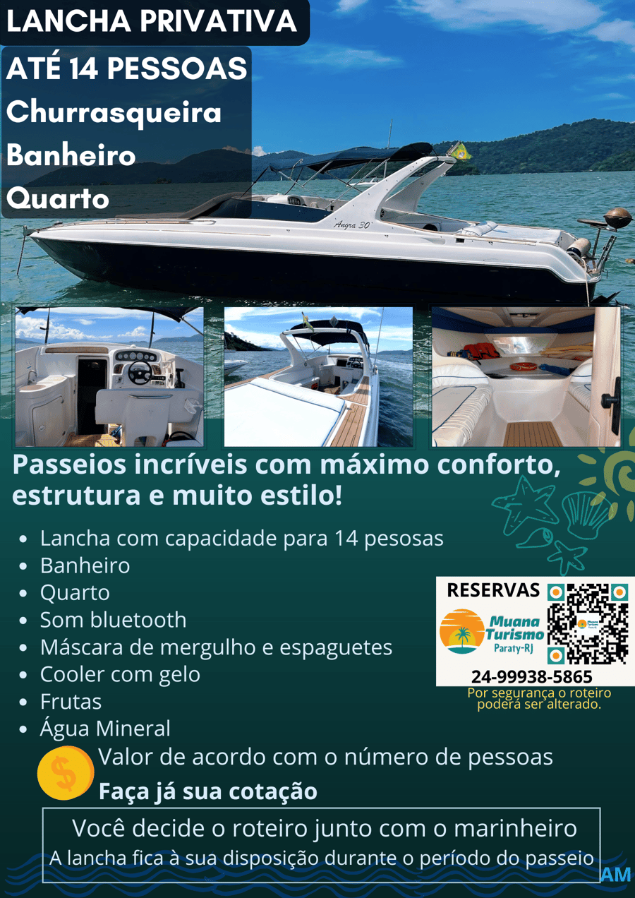 A lancha mais confortável de Paraty. Quarto para descanso, banheiro, churrasqueira e muito mais!