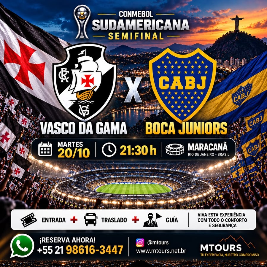 Vive una aventura única en el corazón del fútbol mundial en el emblemático estadio Maracaná, ubicado en la vibrante Río de Janeiro. Conocido como el templo del fútbol, ​​el Maracaná es uno de los estadios más famosos del mundo y ha sido sede de finales inolvidables, hogar de grandes ídolos y momentos que han marcado a generaciones. Más allá de ver un partido, te sumergirás en una emoción indescriptible, rodeado de miles de aficionados y cánticos apasionados, en una atmósfera única que solo Río de Janeiro puede ofrecer.  Con M Tours, tu experiencia en el Maracaná será segura y cómoda. Garantizamos tu entrada, te ofrecemos transporte de ida y vuelta y te recogemos directamente en tu hotel. Nuestro servicio personalizado estará a tu disposición durante toda la experiencia, para que disfrutes al máximo de este evento inolvidable. Déjate envolver por la magia del Maracaná y vive el fútbol como nunca imaginaste.  No te pierdas la oportunidad de ser parte de este espectáculo inolvidable. Reserva tu lugar ahora y pre
