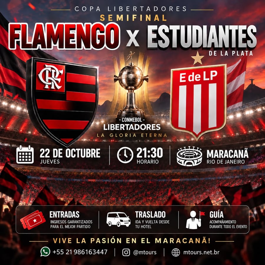Vive una aventura única en el corazón del fútbol mundial en el emblemático estadio Maracaná, ubicado en la vibrante Río de Janeiro. Conocido como el templo del fútbol, ​​el Maracaná es uno de los estadios más famosos del mundo y ha sido sede de finales inolvidables, hogar de grandes ídolos y momentos que han marcado a generaciones. Más allá de ver un partido, te sumergirás en una emoción indescriptible, rodeado de miles de aficionados y cánticos apasionados, en una atmósfera única que solo Río de Janeiro puede ofrecer.  Con M Tours, tu experiencia en el Maracaná será segura y cómoda. Garantizamos tu entrada, te ofrecemos transporte de ida y vuelta y te recogemos directamente en tu hotel. Nuestro servicio personalizado estará a tu disposición durante toda la experiencia, para que disfrutes al máximo de este evento inolvidable. Déjate envolver por la magia del Maracaná y vive el fútbol como nunca imaginaste.  No te pierdas la oportunidad de ser parte de este espectáculo inolvidable. Reserva tu lugar ahora y pre