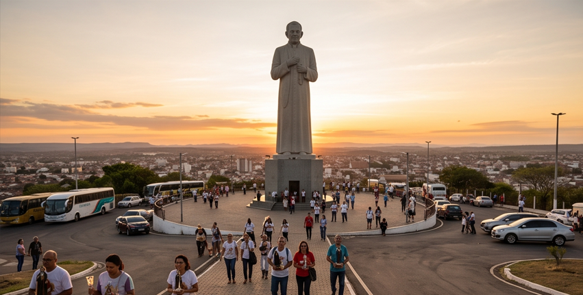 Uma visão ao pôr do sol da imponente Estátua do Padre Cícero, cercada por fiéis. Ideal para o topo da página, como imagem de destaque.
