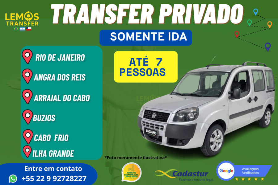 "Transfer privado com segurança e conforto para até 7 pessoas entre Rio de Janeiro e destinos paradisíacos como Ilha Grande, Angra, Búzios, Arraial ou Cabo Frio." Ou um dessas cidades com destino ao Rio de Janeiro. 