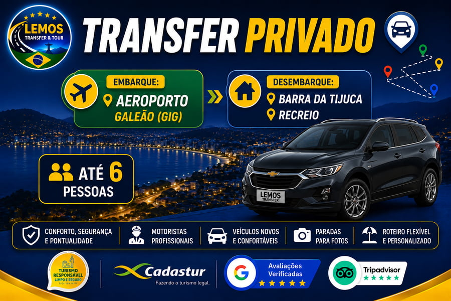 Transfer Privado – Aeroporto Santos Dumont ( SDU) para Zona Sul (até 6 pessoas) Desfrute de um transfer exclusivo com conforto e segurança do Aeroporto do Galeão até  Barra da Tijuca e Recreio dos Bandeirantes . Serviço ideal para até 4 pessoas, com motorista profissional, pontualidade e suporte em tempo real. Reserve agora e comece sua viagem com tranquilidade!