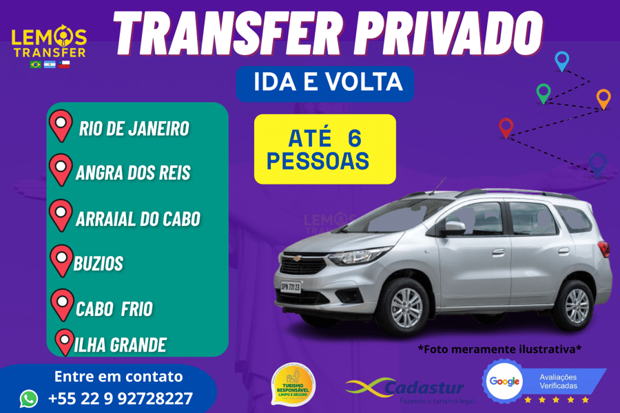 "Transfer privado com segurança e conforto para até 6 pessoas entre Rio de Janeiro e destinos paradisíacos como Ilha Grande, Angra, Búzios, Arraial ou Cabo Frio." Ou um dessas cidades com destino ao Rio de Janeiro. 