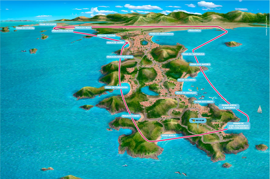 Mapa artístico do roteiro de sobrevoo em Cabo Frio, apresentando a Praia do Forte, Forte de São Mateus e Canal do Itajuru. Reserve com sinal de apenas 10%!
