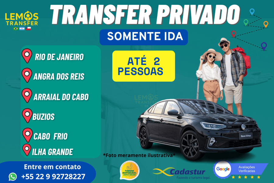 "Transfer privado com segurança e conforto para até 2 pessoas entre Rio de Janeiro e destinos paradisíacos como Ilha Grande, Angra, Búzios, Arraial ou Cabo Frio." Ou um dessas cidades com destino ao Rio de Janeiro. 